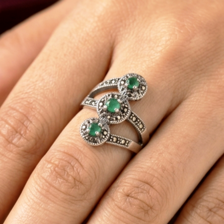 Marcasite Multi Tier Green Silver Ring